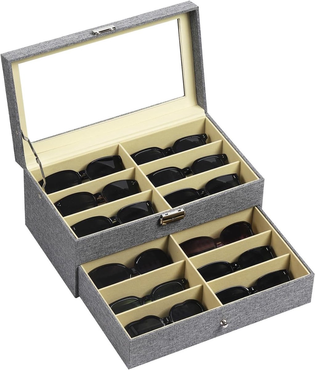 Linnen 12-delige brillen- en zonnebrilopslag met vergrendelbare opbergdoos, grijs, AW-096 - Perfecte organizer voor brillen en accessoires