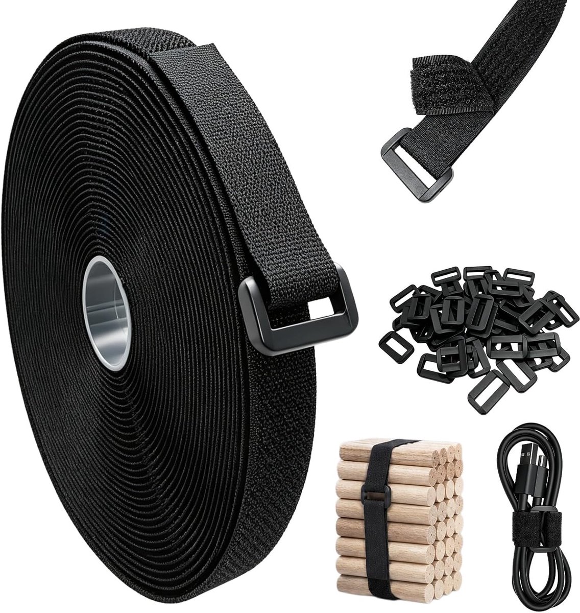 Klittenband 2 cm x 10 m, 50 gespen, herbruikbaar, zwart - 2 cm x 10 m, 50 gespen, nylon, herbruikbaar, op maat te - ShopVlot