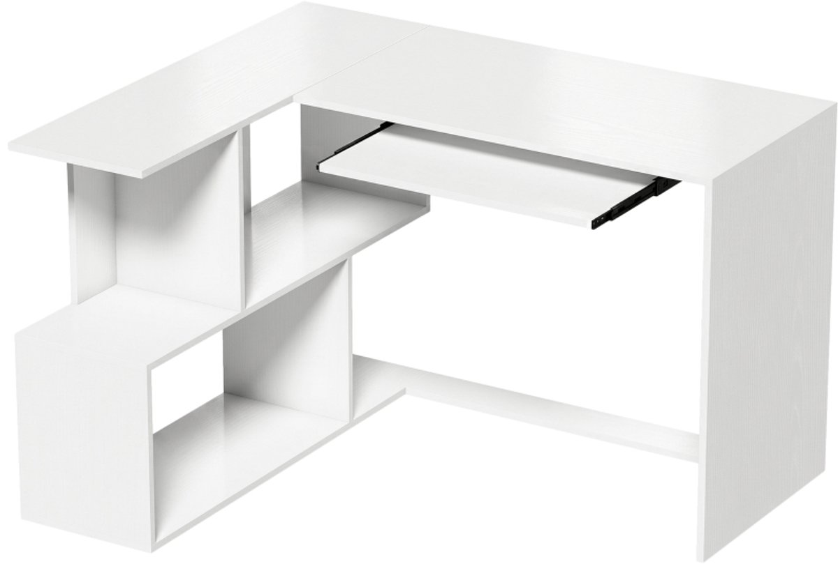 Hoekbureau 120x100x76cm Wit Spaanplaat L-vormig computerbureau studiebureau thuiswerkbureau met toetsenbordlade en open opbergrek geschikt voor slaapkamer en kantoor