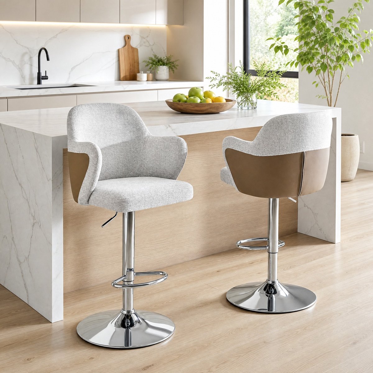COVREO Barkruk set van 2 97-118 cm grijs bruin, stof met armleuning draaibaar Grijs+Bruin