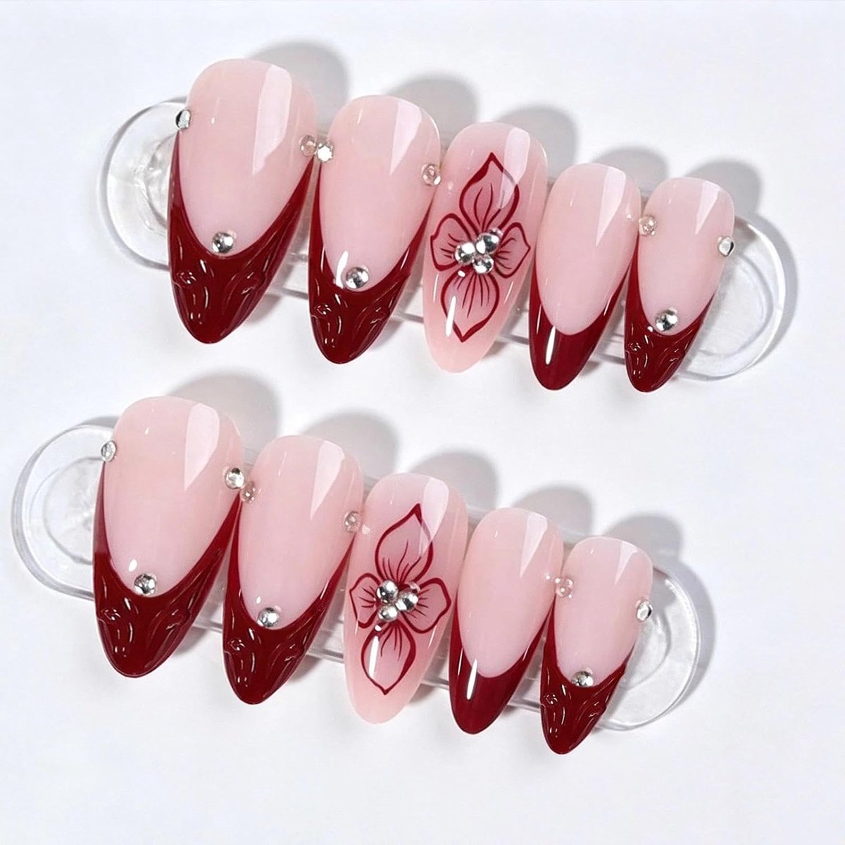 Press-on nagels 24 stuks - rode Franse tip - acryl met 3D-bloemendesign - herbruikbaar voor bruiloft - ShopVlot