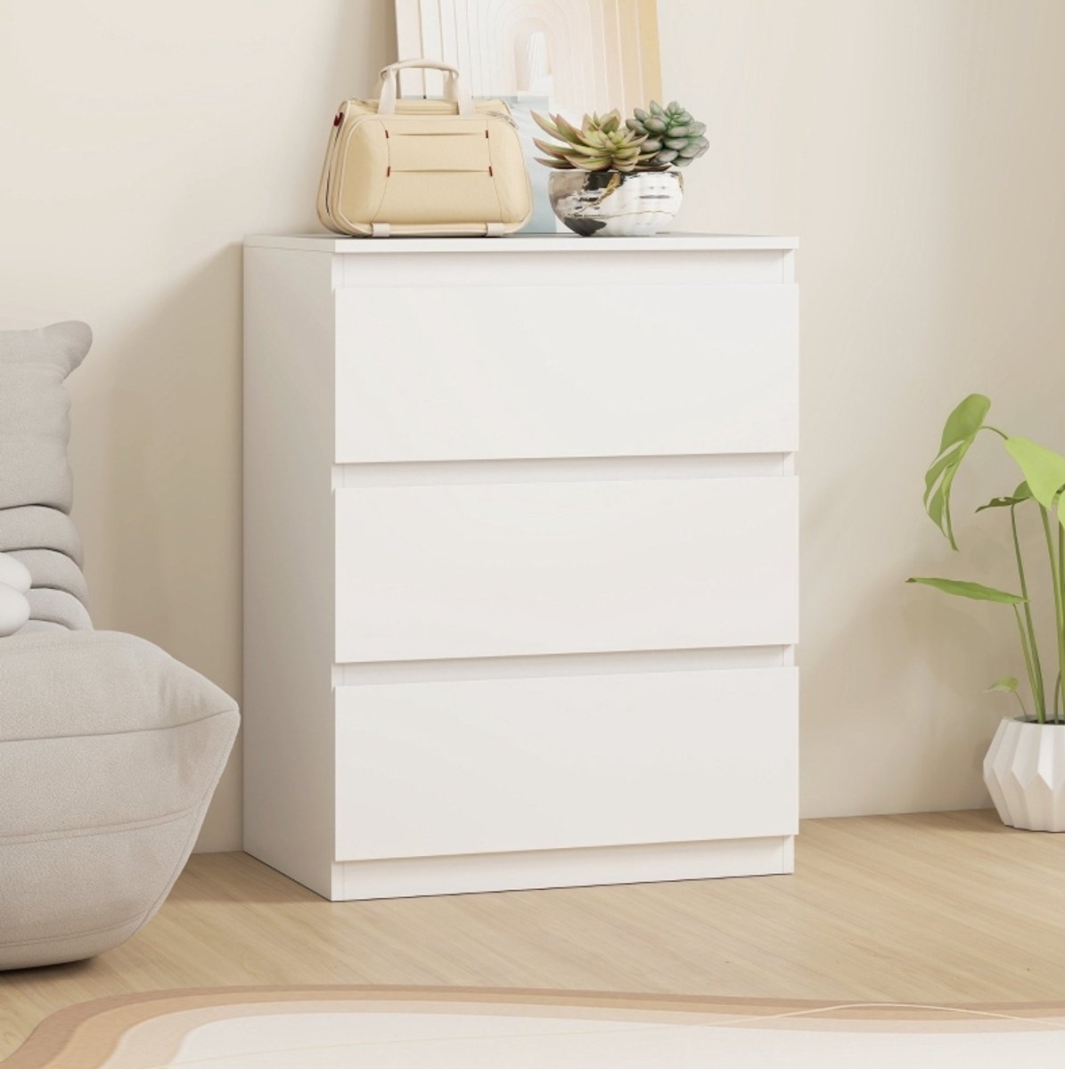OKWISH Ladekast Met 3 Lades Griffloos Modern Wit Voor Woonkamer Slaapkamer En Hal Spaanplaat 60 X 40 X 79 Cm
