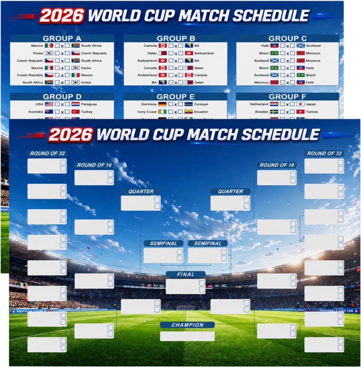 Casalora 2026 World Cup Speelschema Poster Set – 2 Stuks Invulbare Voetbalposter met 48 Teams, Groepsfase en Knock-outschema – 50 x 70 cm