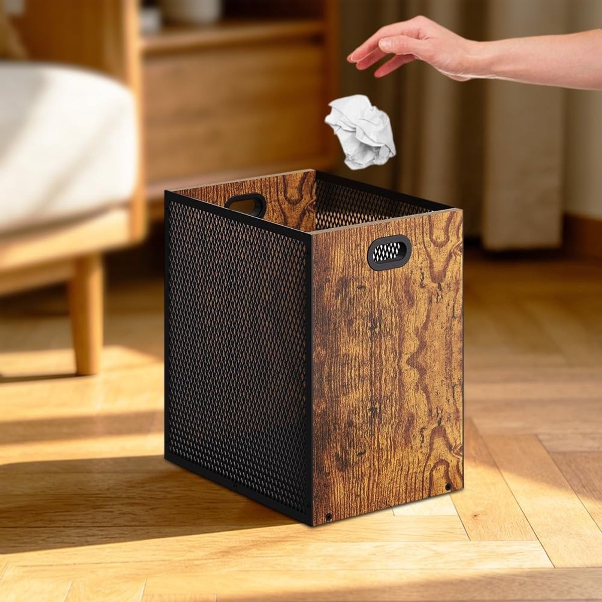 Rechthoekige afvalemmer van 16,8 l in industriële stijl met handvat voor keuken, slaapkamer en thuiskantoor, stabiele en duurzame oplossing voor huisafval (28 x 20 x 30 cm)
