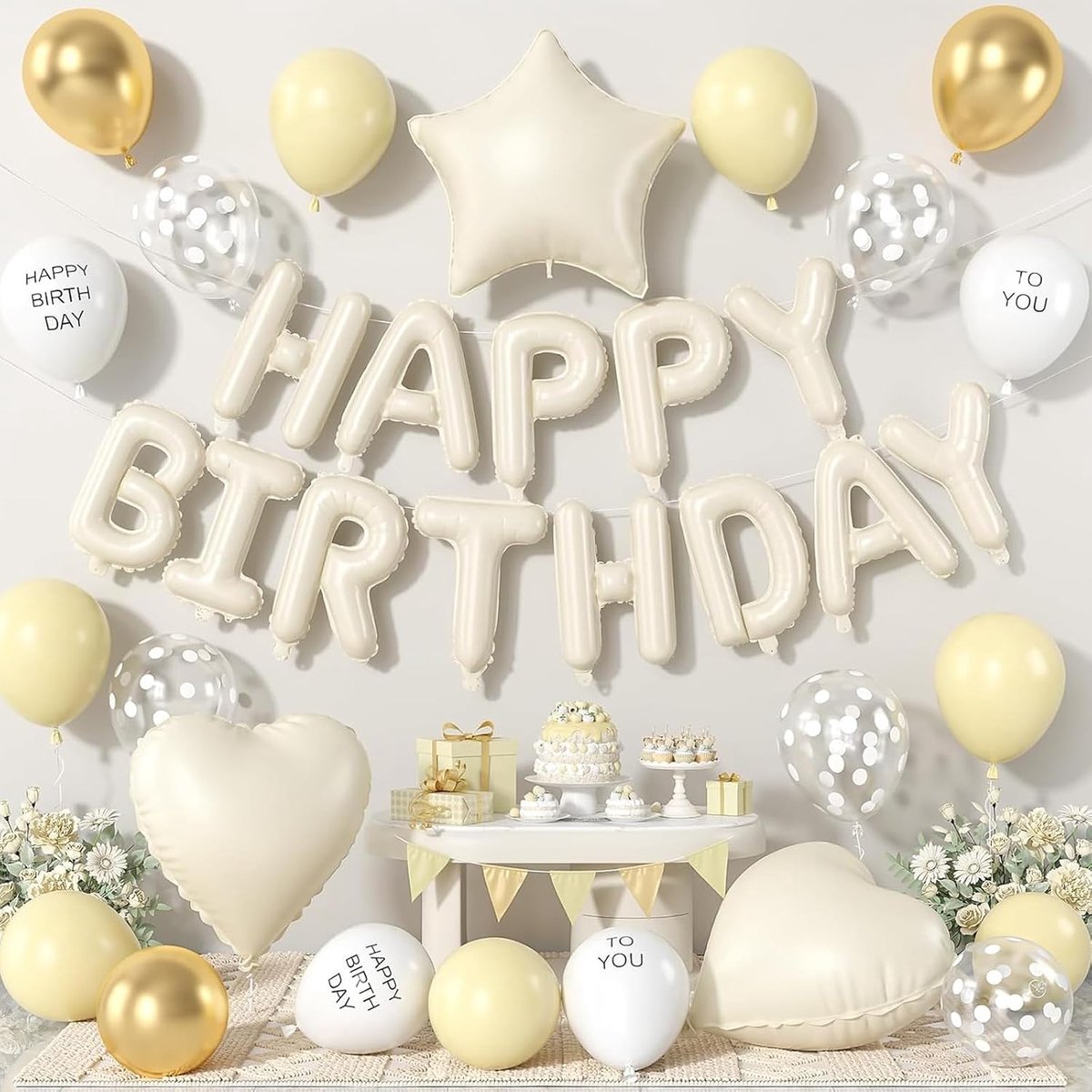 Koboko Happy Birthday ballonset, melkwit, crème goud, folieballonnen en latexballonnen, hart en stervorm, 35-delig - ShopVlot