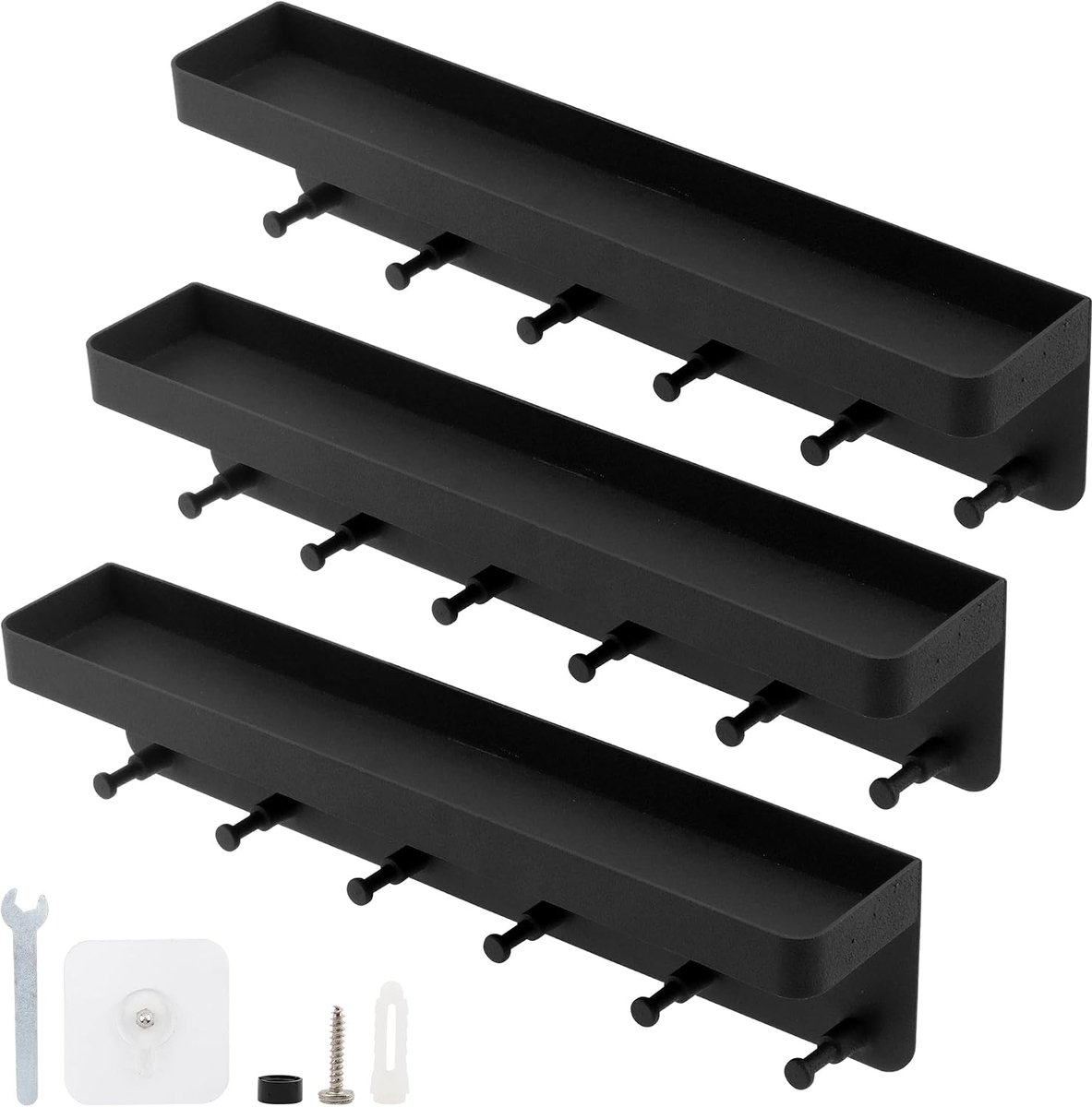 3 stuks sleutelrek met plank, wandmontage, sleutelhouder met 6 haken van koolstofstaal, zwart, voor hal en entree - ShopVlot