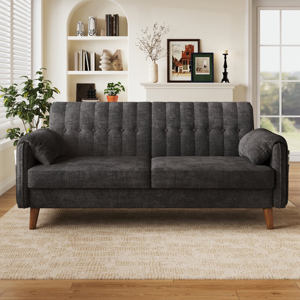 OKWISH 2-Zitsbank 161,5 cm - Modern Design Met Knopen En Zijvakken - Voor Woonkamer, Slaapkamer En Kantoor - Chenille - Donkergrijs