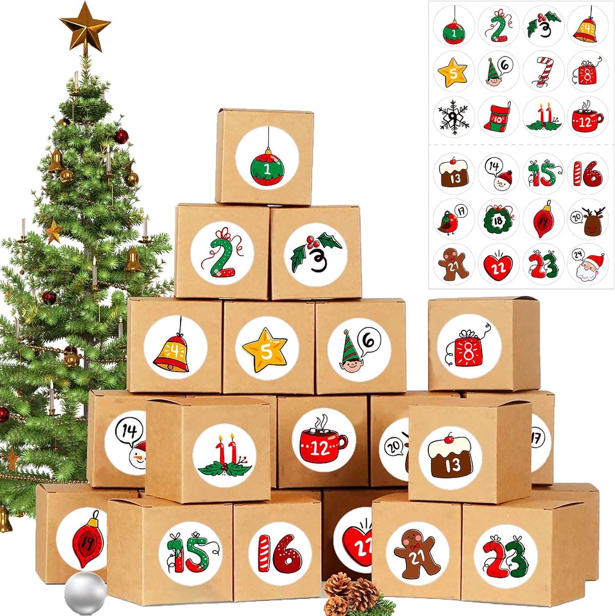 Adventskalender 2025 - 24 Kerstdozen - 24 Stickers - Vul je eigen cadeaus in - ShopVlot