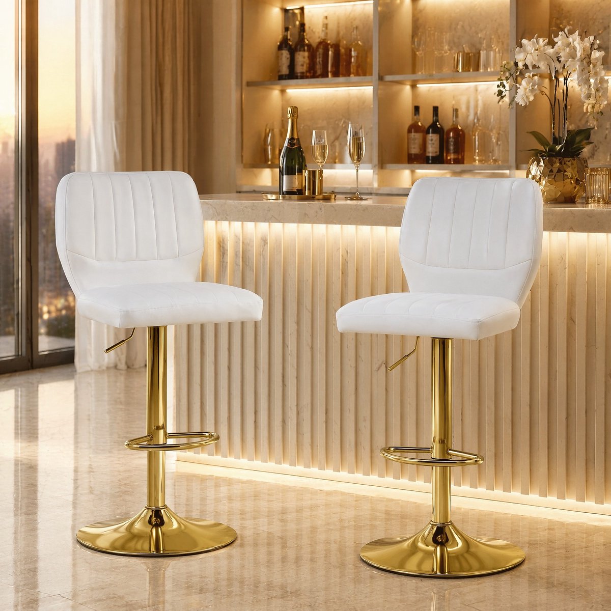 COVREO Barkruk 52x45x114 cm wit-goud, kunstleer 2-delig, draaibaar Wit+Goud