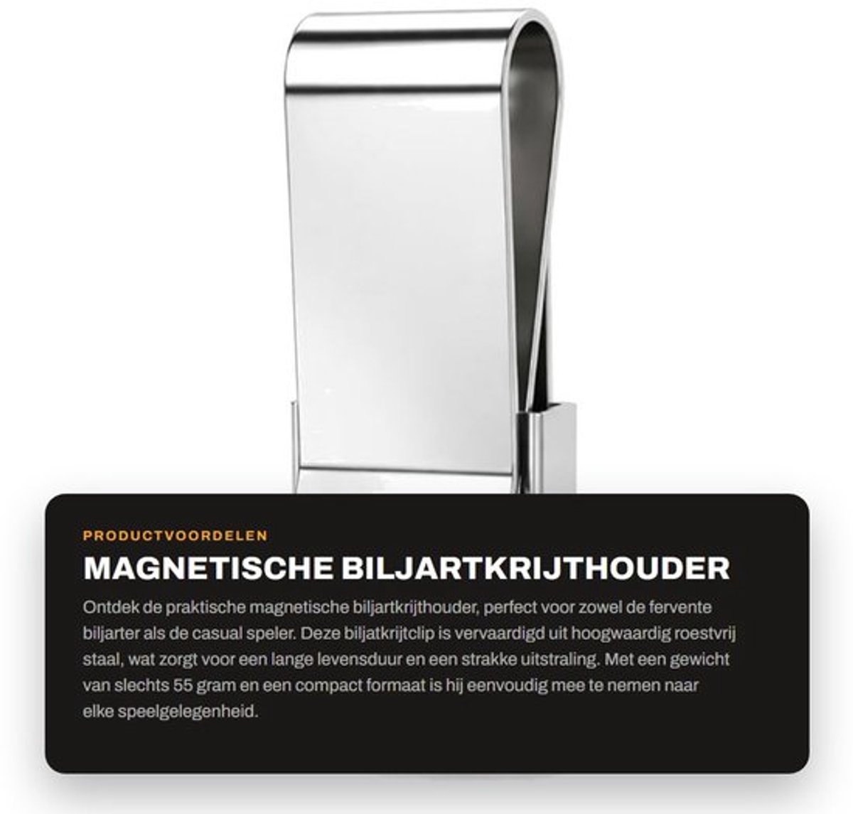 Biljartkrijthouder Lichtgewicht - Roestvrij Staal - Compact - Magnetisch - Krijtclip - Draagbaar - 70x25x15mm - Krijthouder