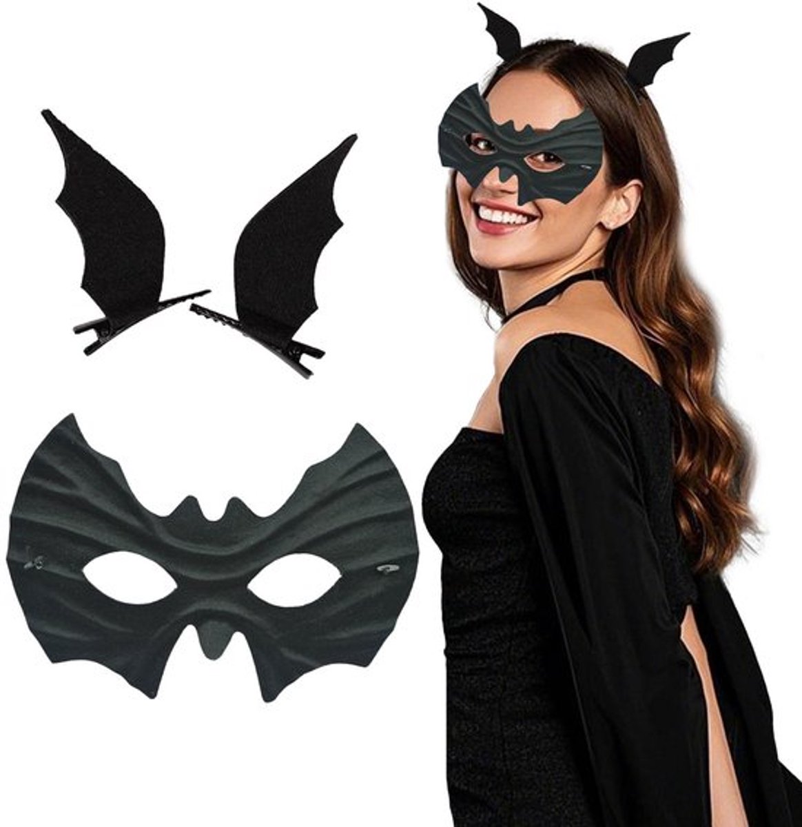 Vleermuismasker - Batman geïnspireerd - Accessoireset - Zwart - Haarspelden - Polyester - Feestmasker