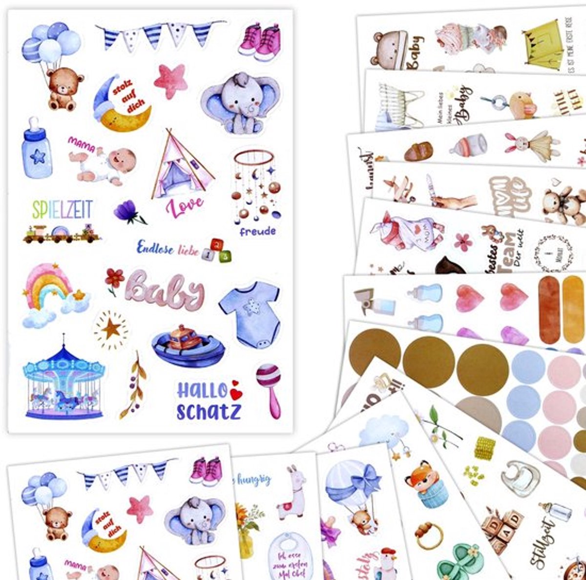 Sticker fotoalbum Baby Cute: 12 stuks stickers babyalbum jongens en meisjes, fotostickers voor babyfotoalbum, stickers fotoalbum met harten, baby geboorte stickers, stickerset dagboek