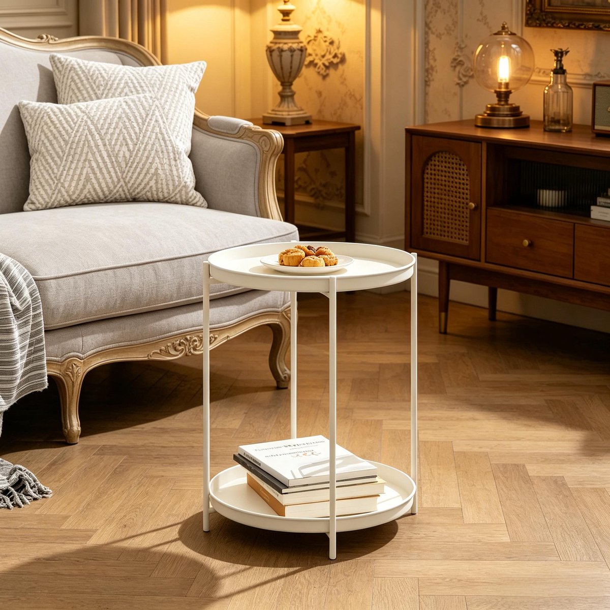 Ronde Bijzettafel 44 cm Met 2 Opbergplanken - Metalen Salontafel Met Afneembare Bakken Crème Wit