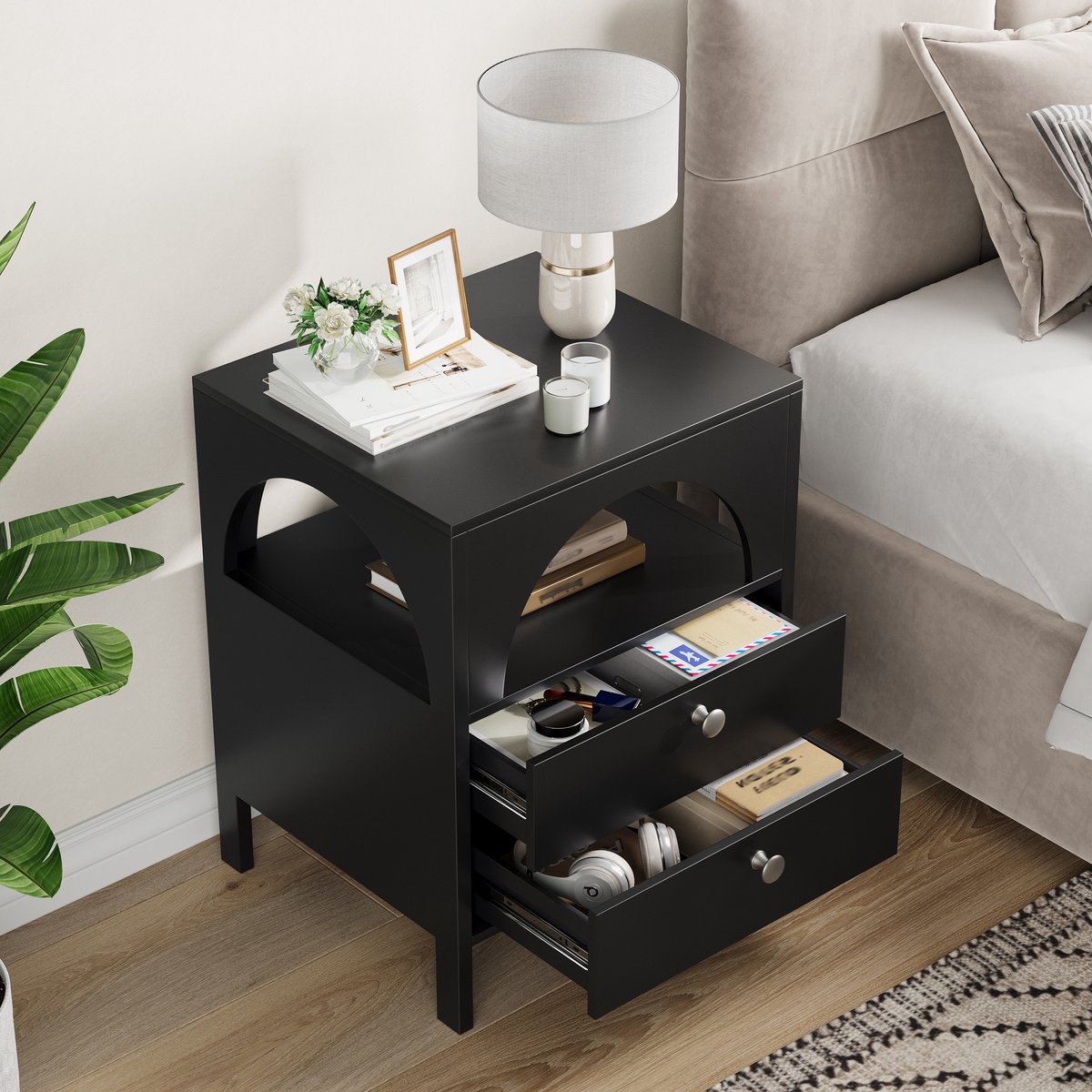 Nachtkastje 45x40x58 cm - MDF Tafel Met 2 Laden En Open Vak - Zwart