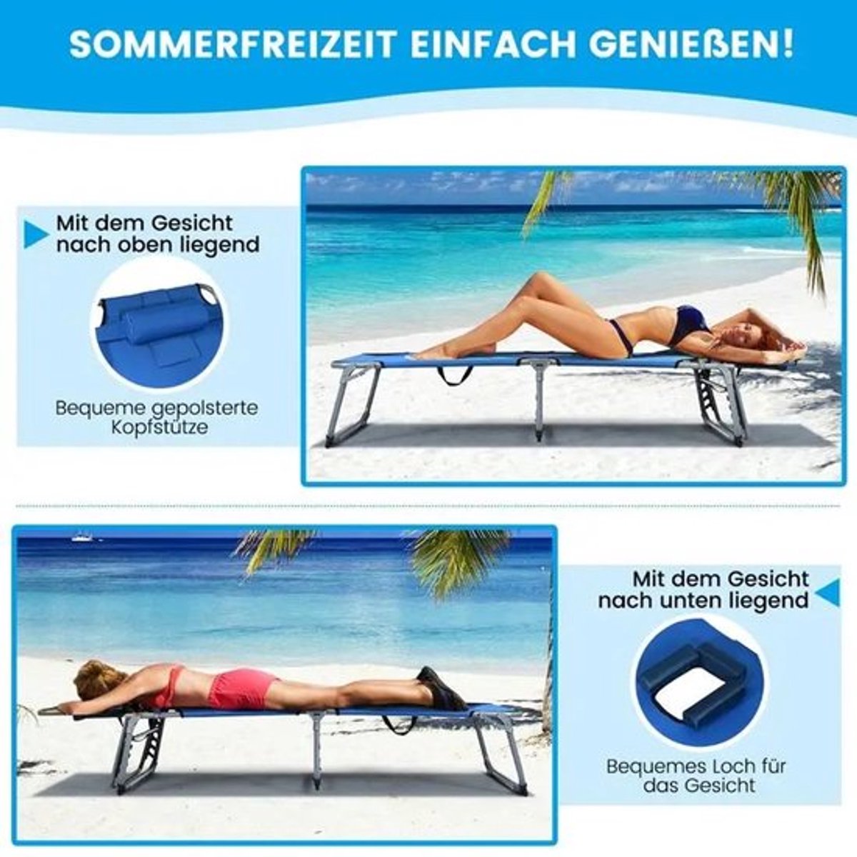 Opvouwbare chaise longue stoelbed, verstelbaar voor buiten, patio, strand-blauw