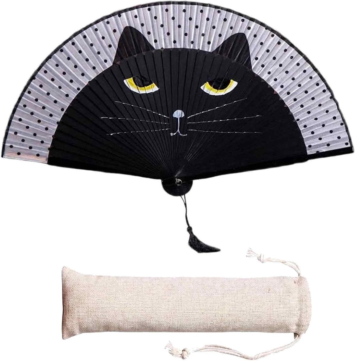 Handwaaier klein - opvouwbare waaier met kattenmotief - bamboe en katoenen linnen - ideaal voor festivals en zomer - ShopVlot