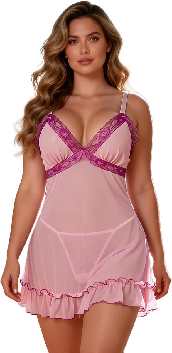 Sexy negligé dames XXL - roze mesh - V-hals - verleidelijke nachtkleding - ShopVlot