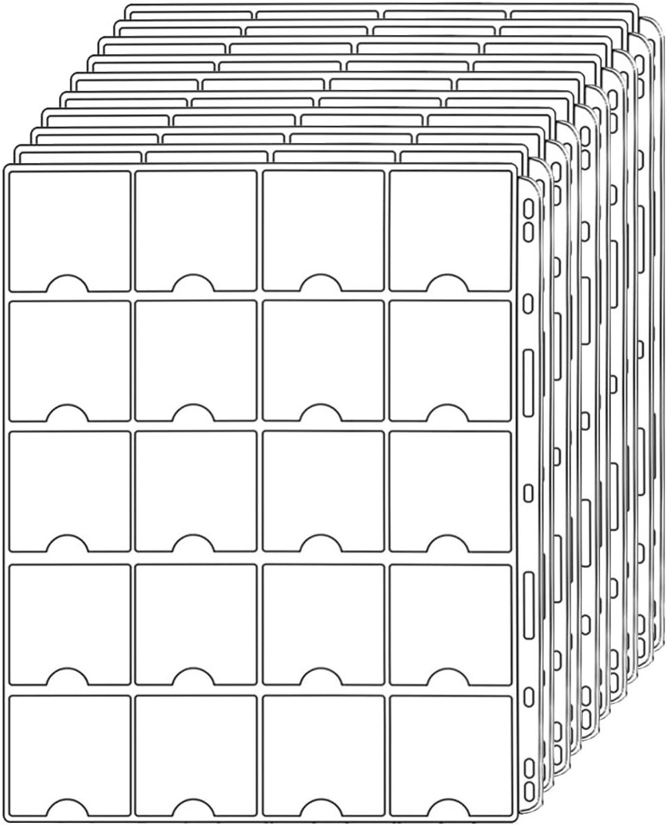 Coin Binder Bladen voor 2" x 2" Kaartjes - 200 Compartimenten voor Muntflippers, Geschikt voor 4-Ring Muntverzamelmap (A4 Formaat) en 3-Ringen, 10 Bladen voor Muntverzamelaars