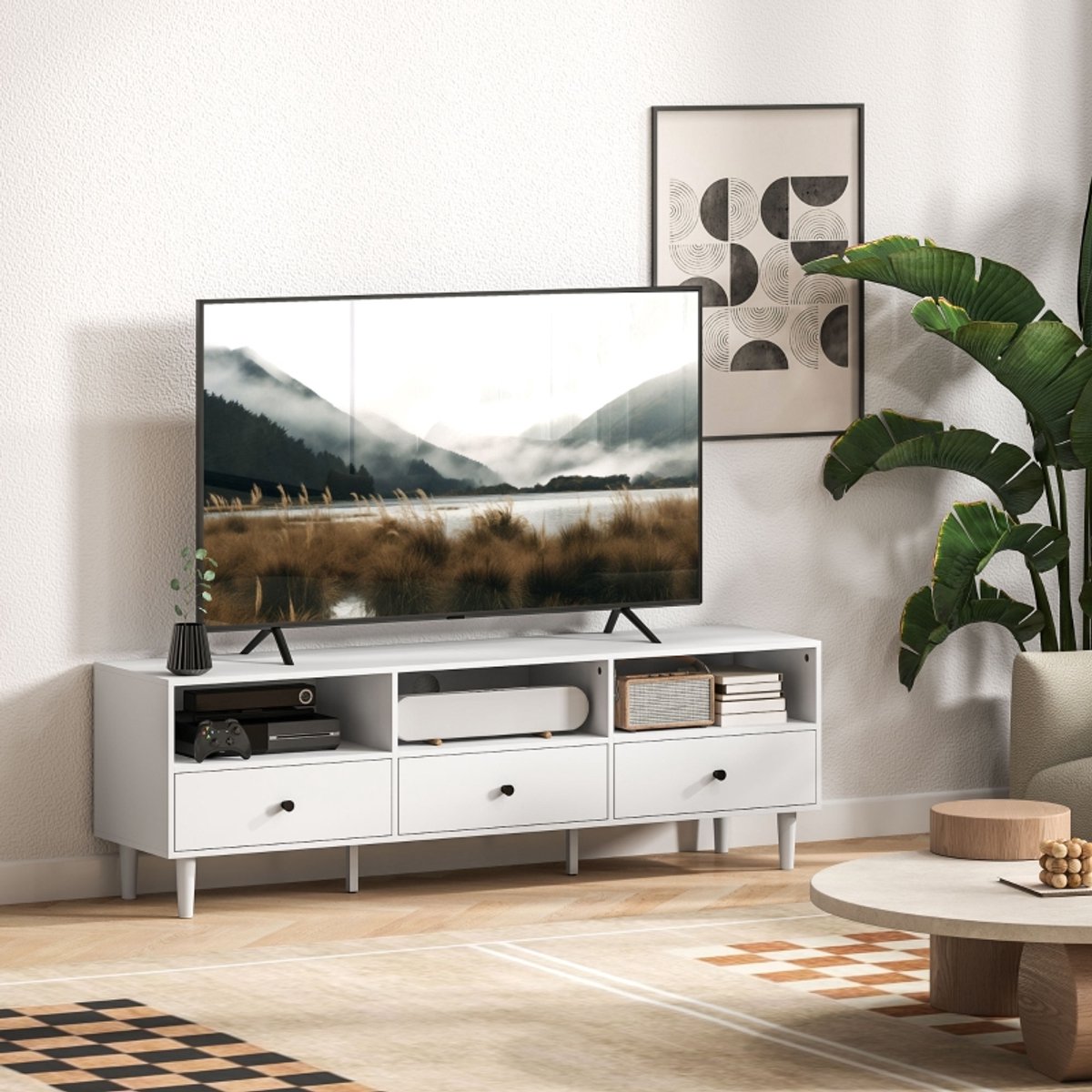 DESMIU Tv Meubel Met Lades En Kabelmanagement Voor Woonkamer En Mediahoek Wit Spaanplaat 140 X 34 X 45 Cm Voor 75 Inch Tv