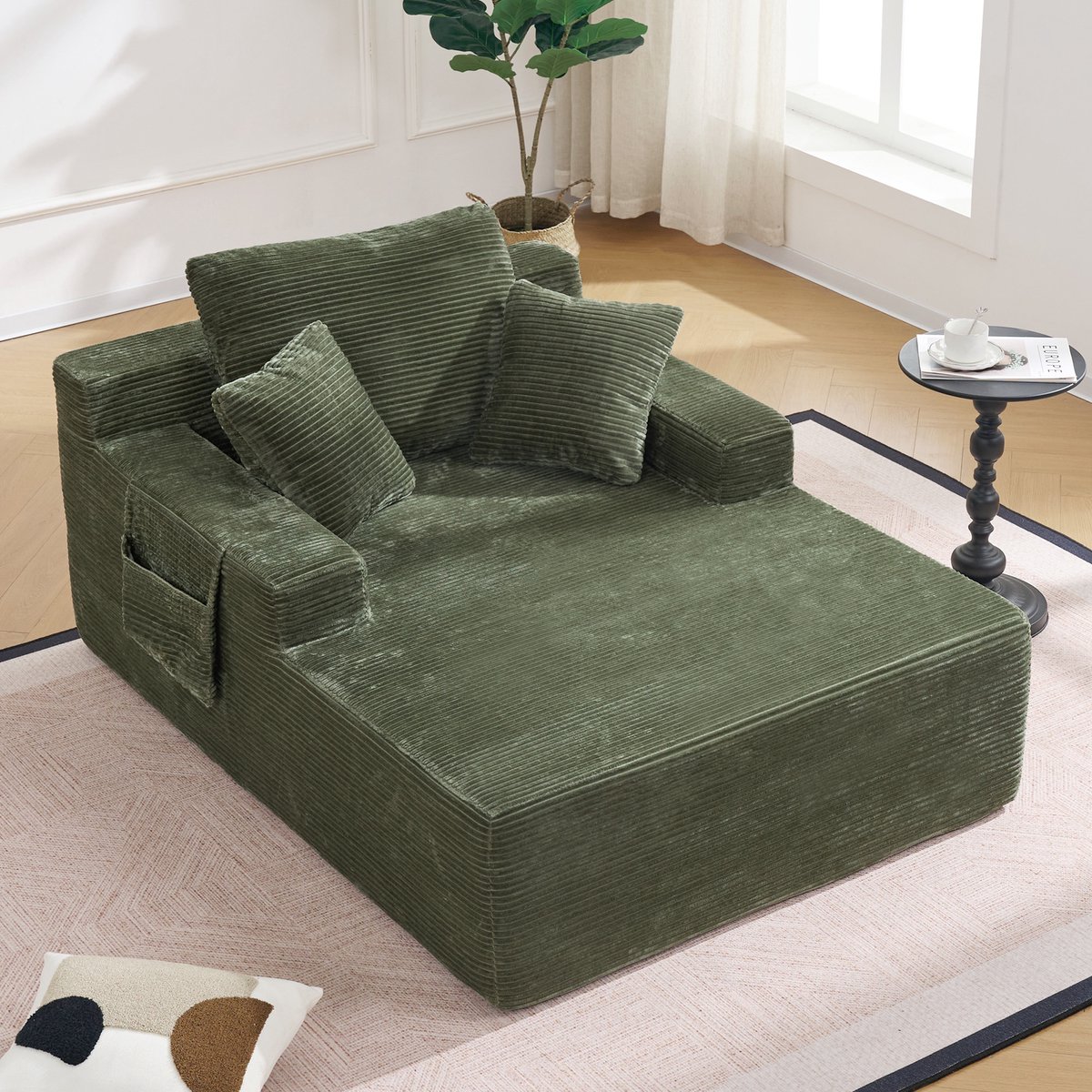 DESMIU Slaapbank 150 x 110 x 70 cm - Met Zijvakken En Zachte Kussens - Voor Woonkamer En Slaapkamer - Corduroy - Groen