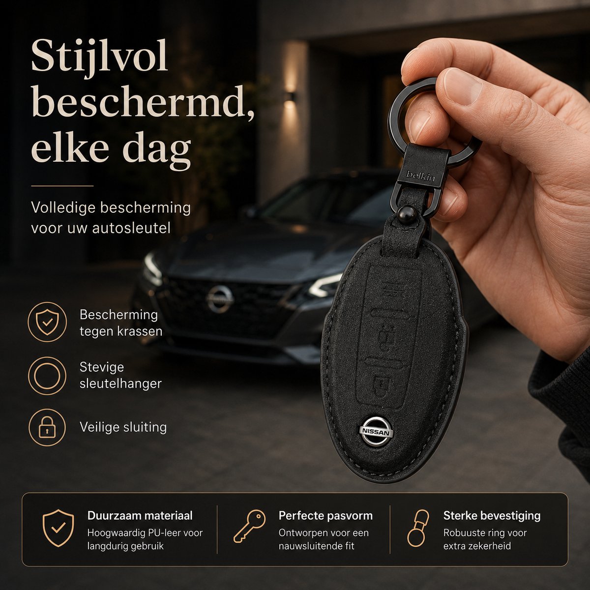 Zirkle Nissan Motor Corporation Autosleutel Hoesje Type C Zwart – Luxe Leren Sleutelcover met Ring en Sleutelhanger – Beschermhoes voor Nissan Juke Qashqai Micra X-Trail Note – Krasbestendige 3D Key Case – Premium Auto Sleutel Accessoire