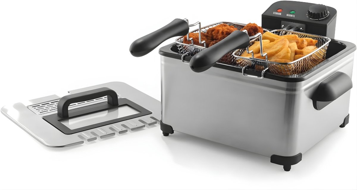 Ploutos® Frituurpan - Friteuse - Dubbele Frituurpan - Zilver - 36cm x 36cm x 22cm