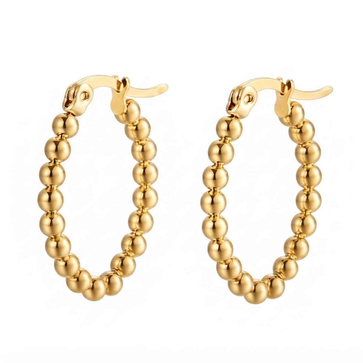 Goudkleurige Oorringen Dames – Ovale Oorbellen met Bolletjes – 316L Chirurgisch Staal – 25 x 17 mm – Gouden Oorbellen