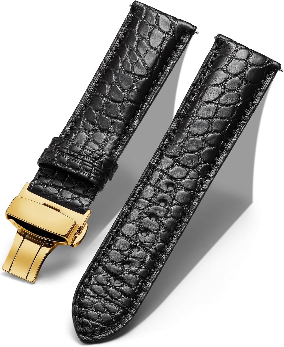 BINLUN Watch Band Circular Crocodile Embossed Strap Crocodile Leather with Butterfly Buckle Stainless Steel Black - ShopVlot