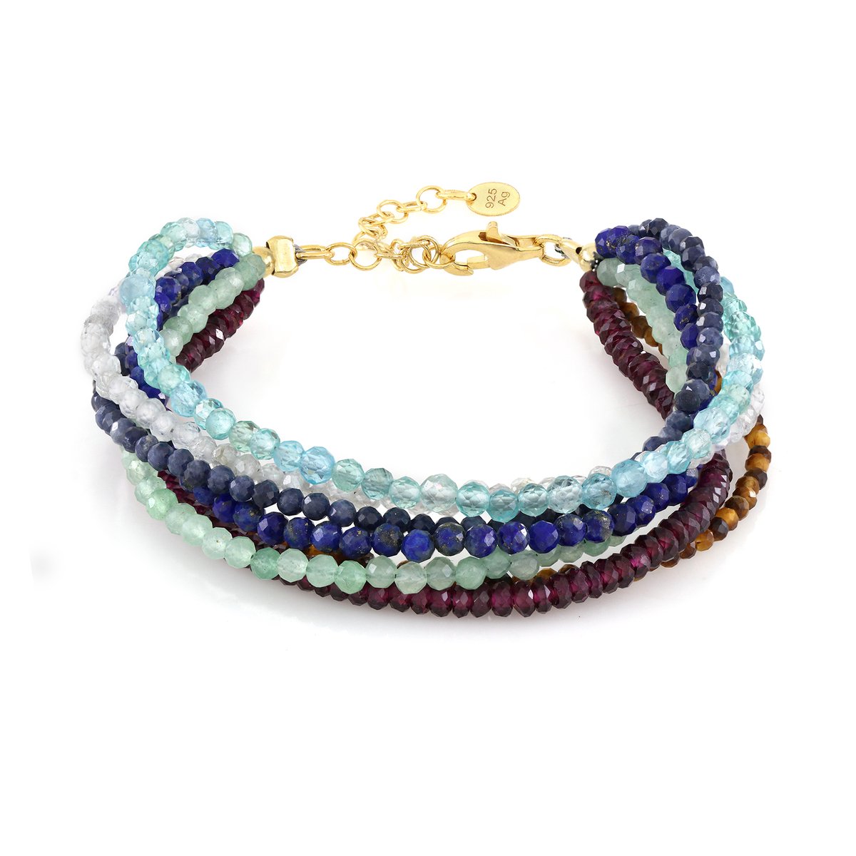 Cavill - Elegante Armband 925 Sterling Zilver Verguld - Verstelbaar - Magenta Granaat, Lapis Lazuli, Groene Aventurijn Edelstenen