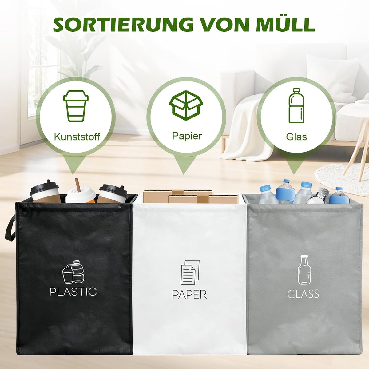 Afval scheidingssysteem 3-vaks - stabiele kunststof - met 4 stabilisatoren - ideaal voor keuken en kantoor - ShopVlot