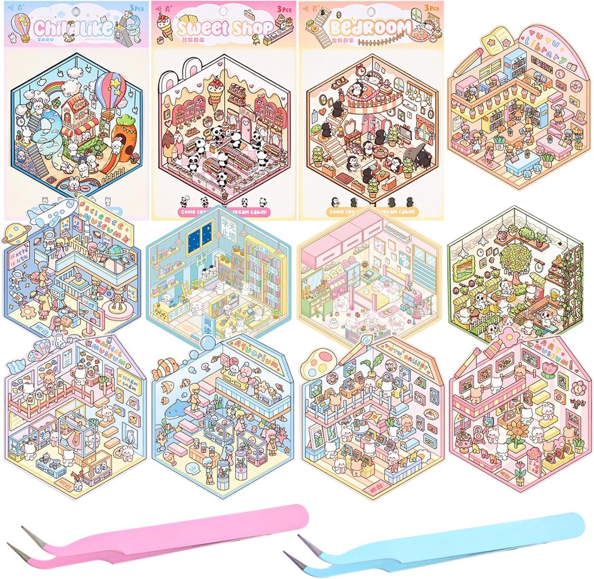 Set van 12 3D Stickers - DIY Huisdecoratie - Inclusief 2 Pincetten - Stressverlichting voor Volwassenen en Kinderen - ShopVlot