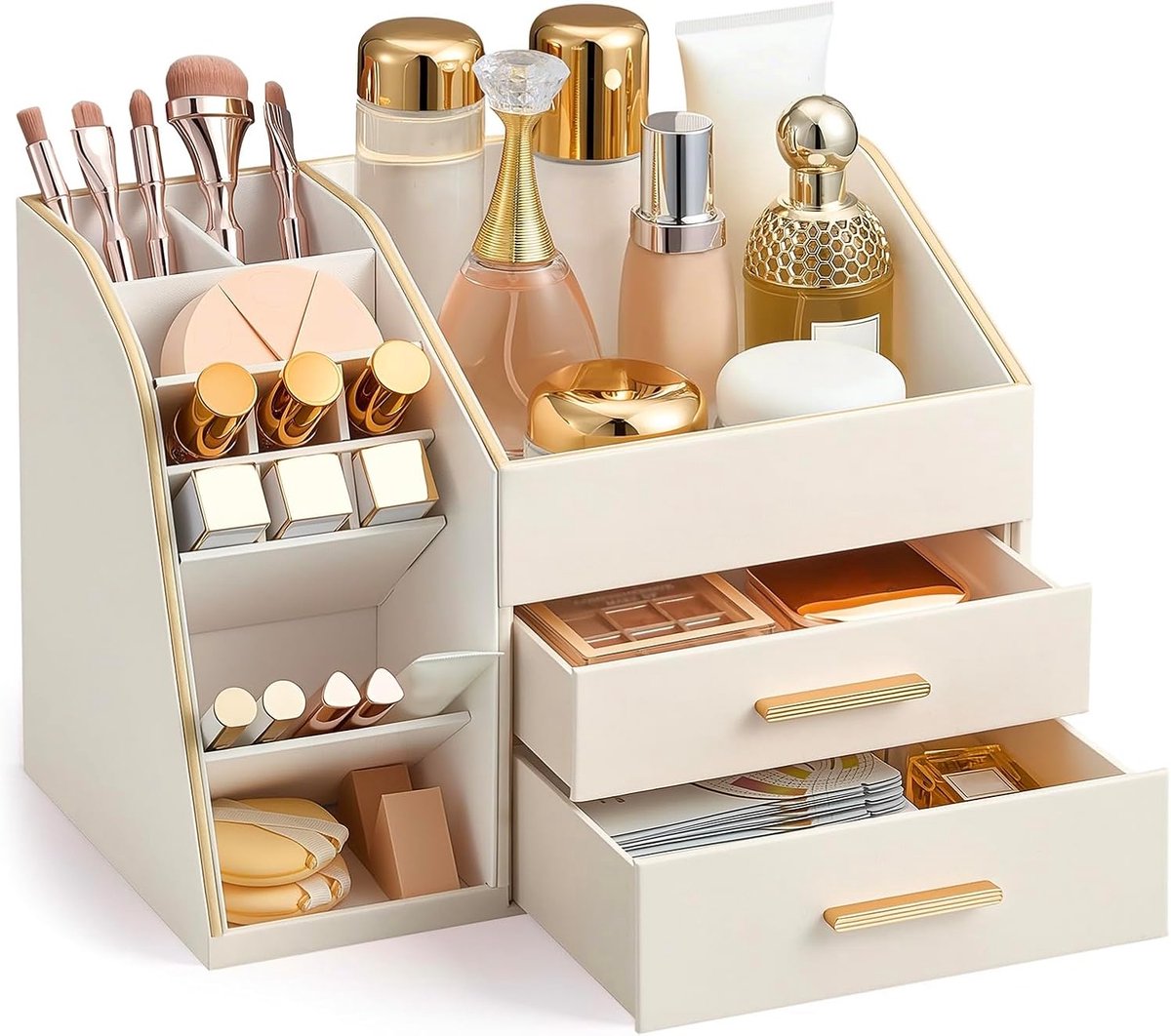 Make-up organizer met laden - PU-lederen opbergdoos - 3-laags cosmetische houder - elegant en praktisch - ShopVlot