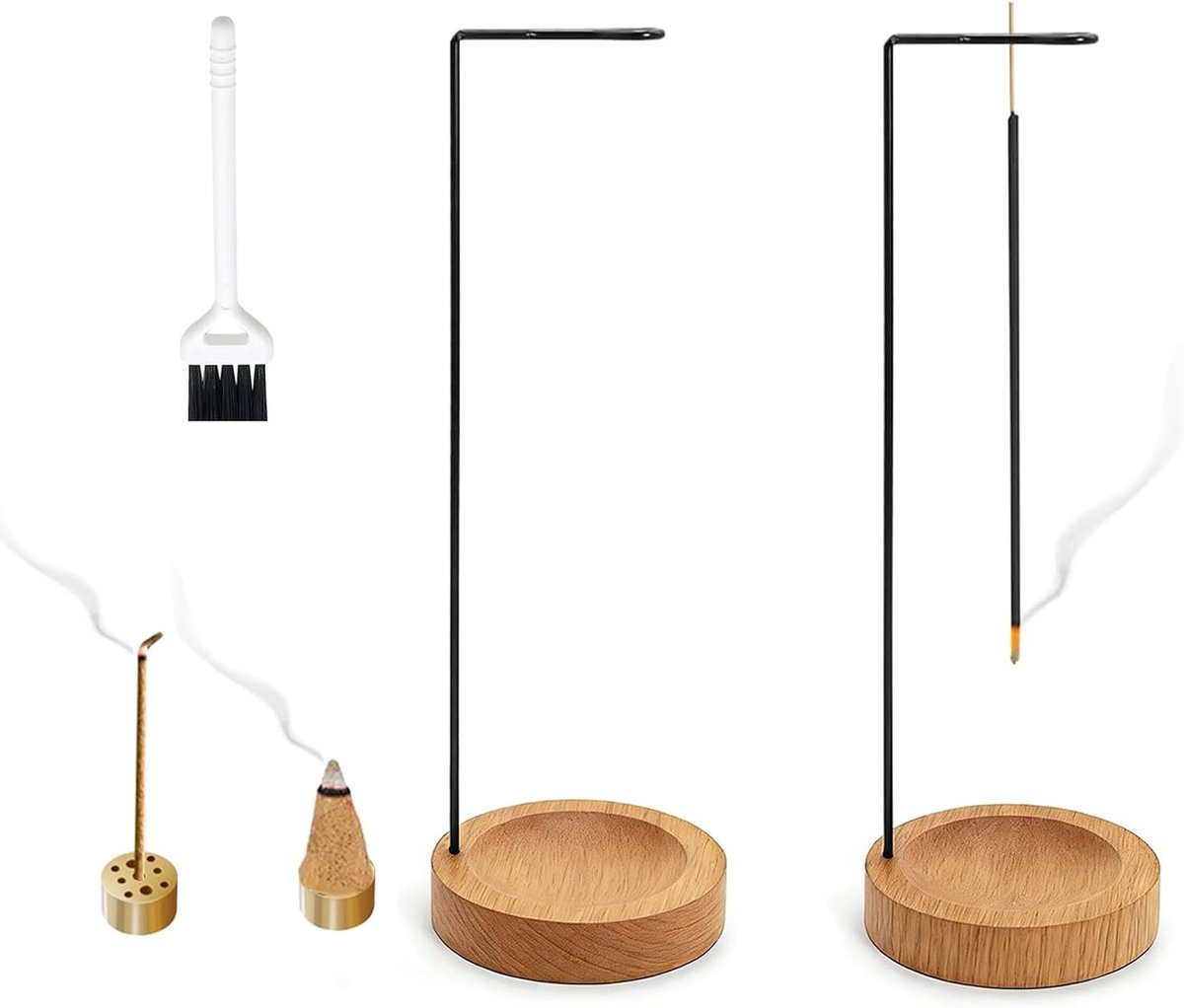 Incenshouder set 2-delig - houten brander met messing houders - compleet met schoonmaakborstel - ideaal voor meditatie - ShopVlot