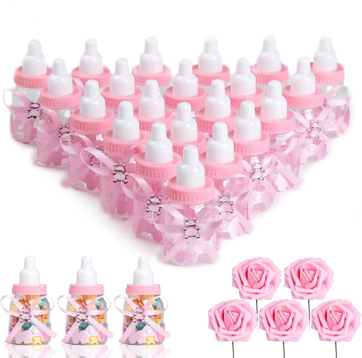 Mini babyflesjes 3,5 Inch - Transparant kunststof - Inclusief 5 kunstbloemen - Perfect voor DIY en candyboxen - ShopVlot