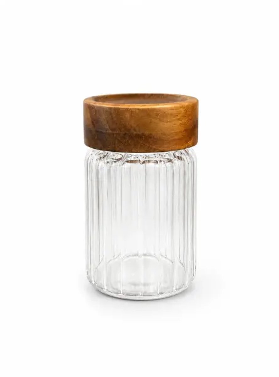 Space–kruidenpotjes–set–6-delig–glazen–acaciahouten deksel–transparant–Ø6,5x10cm