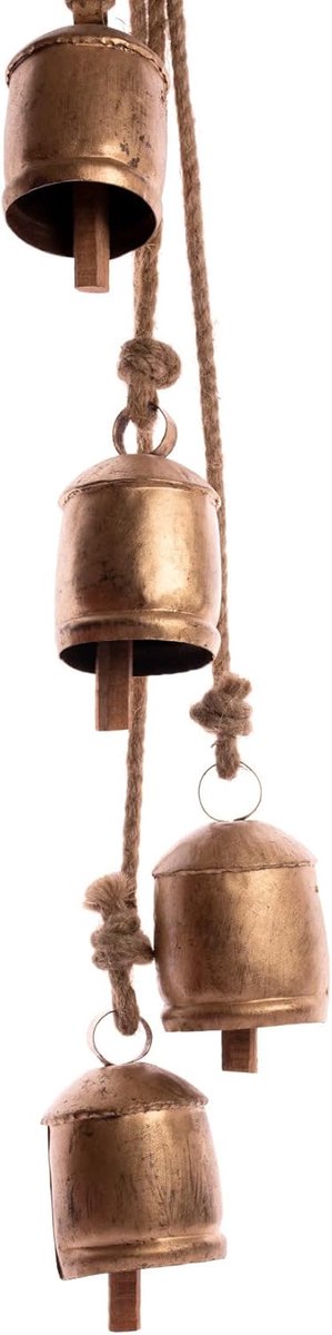 4 Large Rustic Cow Bells on Rope - Vintage Gold Christmas Bells for Fireplace, Porch or Garden - ShopVlot