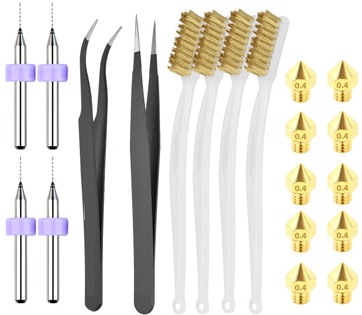 Pack of 20 3D Printer Tool Set, Tweezers, Brush, 0.4 mm MK8 Nozzles, 0.4 mm Drill Bit for 3D Printer Nozzles and Model - ShopVlot