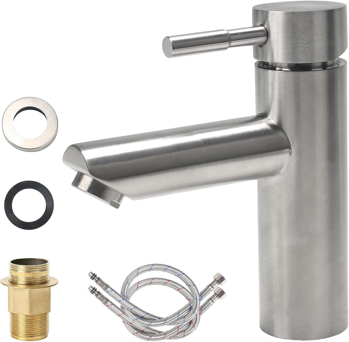 Straight Faucet Bathroom Mixer Tap with 1 Hose, Basin Faucet Plug-in Mounted (Silver) - ShopVlot