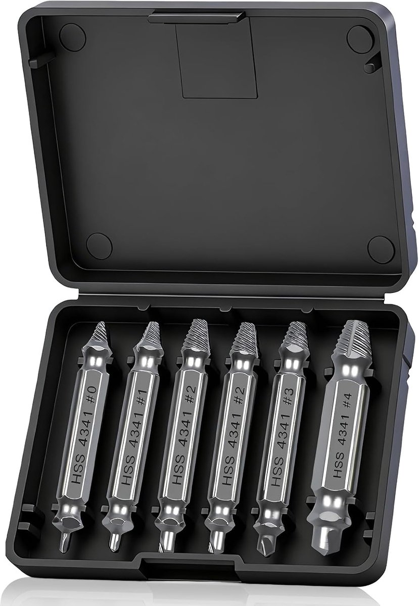 PARFCO Schroefextractorset, 6 stuks, linkse uitdraaiset HSS 4341#0/#1/#2/#3/#4, schroefextractor, dubbele kop - ShopVlot