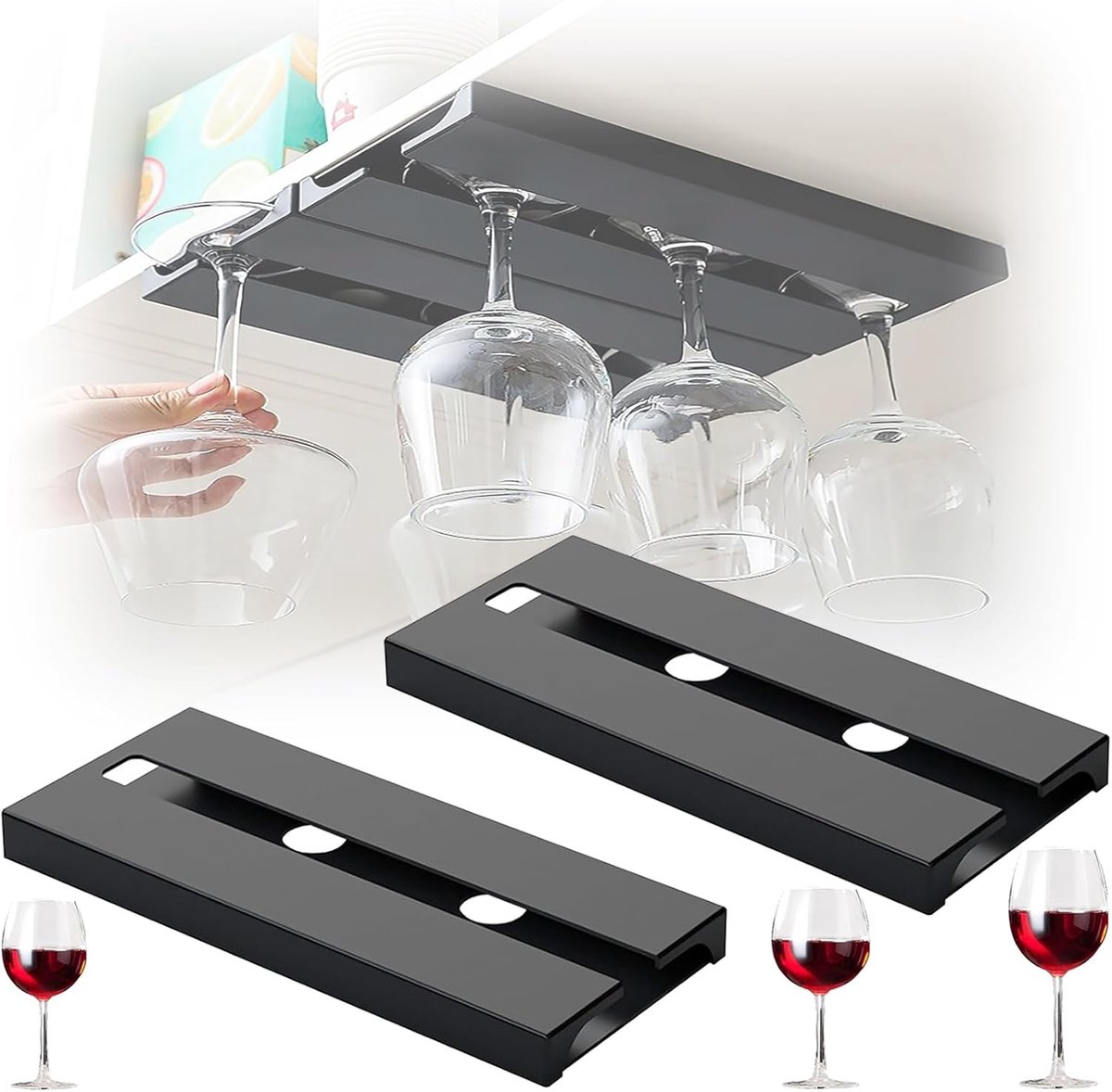 Pack of 2 Hanging Wine Glass Holders, 25.5 x 11 x 2 cm, Glass Holders for Hanging, Plastic, Die Free, Self-Adhesive - ShopVlot
