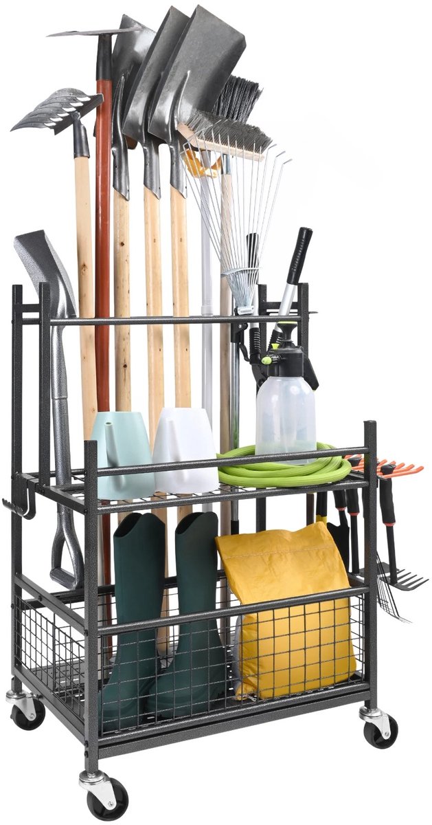 SucceBuy tuingereedschap organizer - gereedschap rek garage - tuingereedschap houder en opbergrek - 16 slots & 18 haken - verrijdbaar met wielen - industrieel carbon staal - 3 laags opslag rek