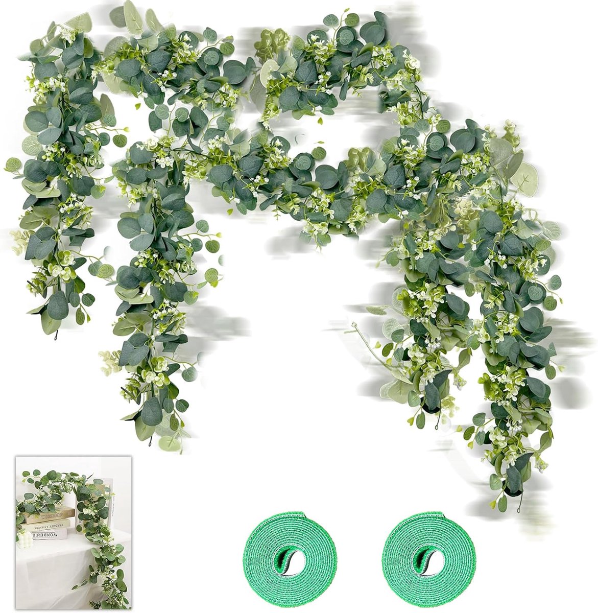 Pack of 2 Eucalyptus Garland, Artificial Flowers with Band, Thickened Eucalyptus Garland for Weddings, Parties, Dining - ShopVlot