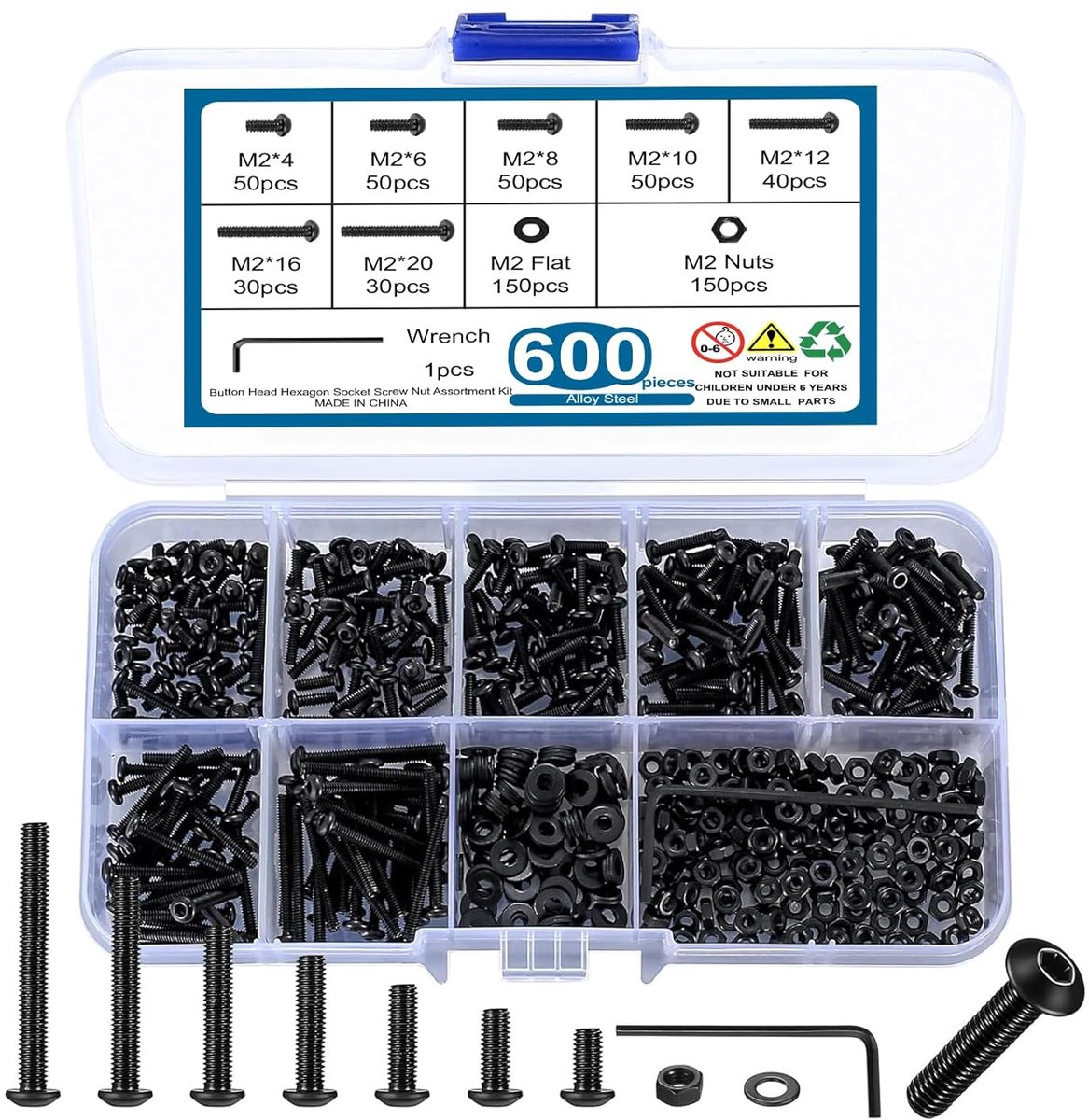 600-Piece M2 Screw Set, Black Round Hex Socket Screws with Nuts and Washers, Machine Screws Assortment - ShopVlot