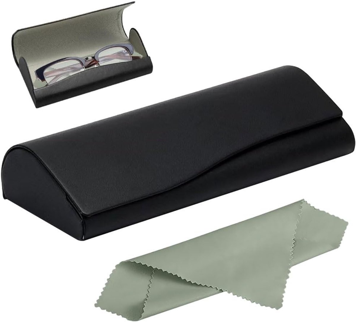 Glasses Case Hard Case, Premium PU Leather Glasses Case Black Glasses Case Women and Men Comes with a Microfiber Cloth - ShopVlot
