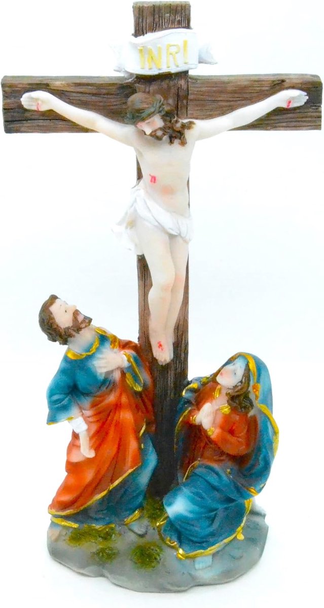 WONDERFUL Religious Cross Statue, 28 cm, Holy Decoration with Figures in Blue and Orange, Jesus Cross, 28 cm - ShopVlot