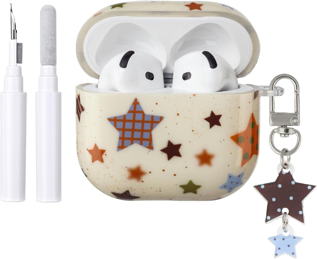 Hoes voor AirPods 4 met Reinigingsset, Trendy Retro Sterrenpatroon Hoes met Sleutelhanger, Zachte TPU Beschermhoes - ShopVlot