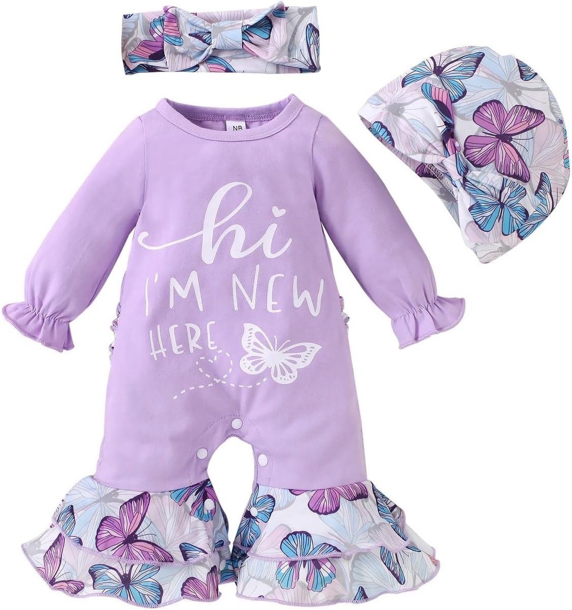 Babymeisjeskleding, pasgeborenen kleding lange mouwen baby ruches mouwen rompers muts en hoofdband met Hello World/Hi - ShopVlot