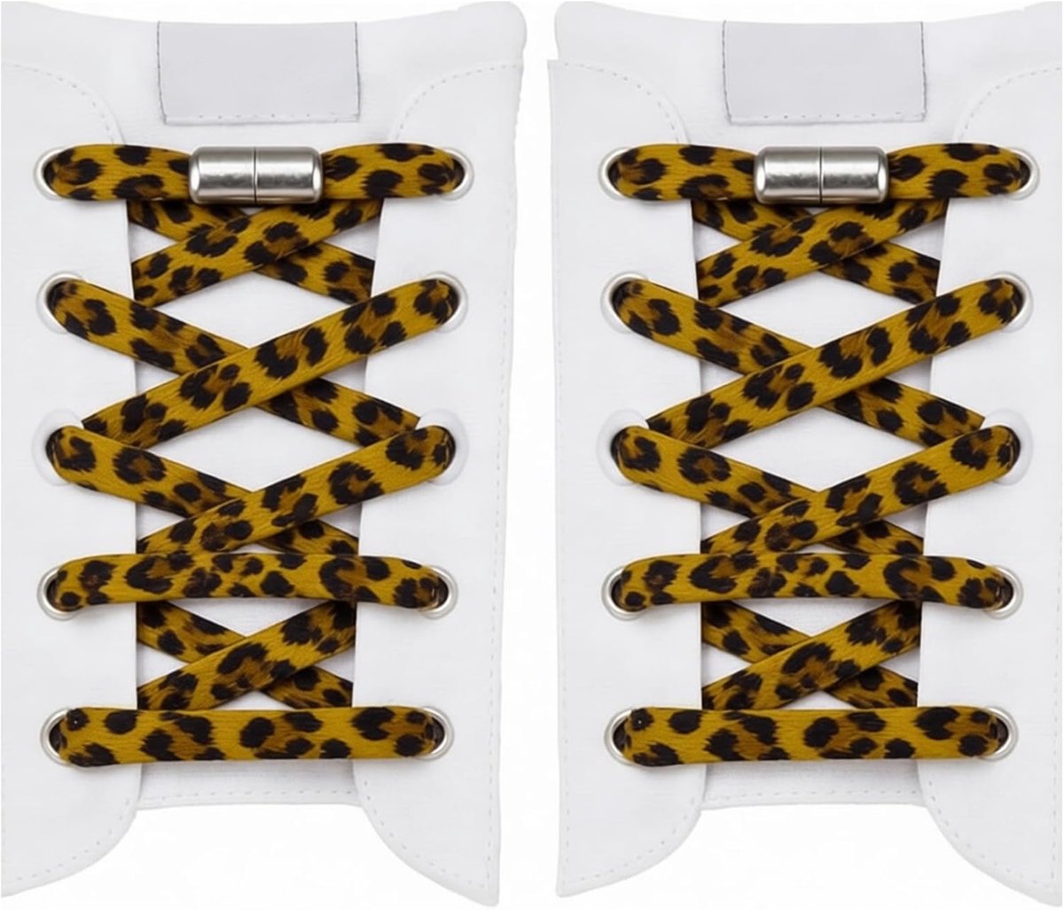 2 paar veters met luipaardprint + 2 paar metalen clips, elastische platte veters voor schoenen, dubbele lengte - ShopVlot