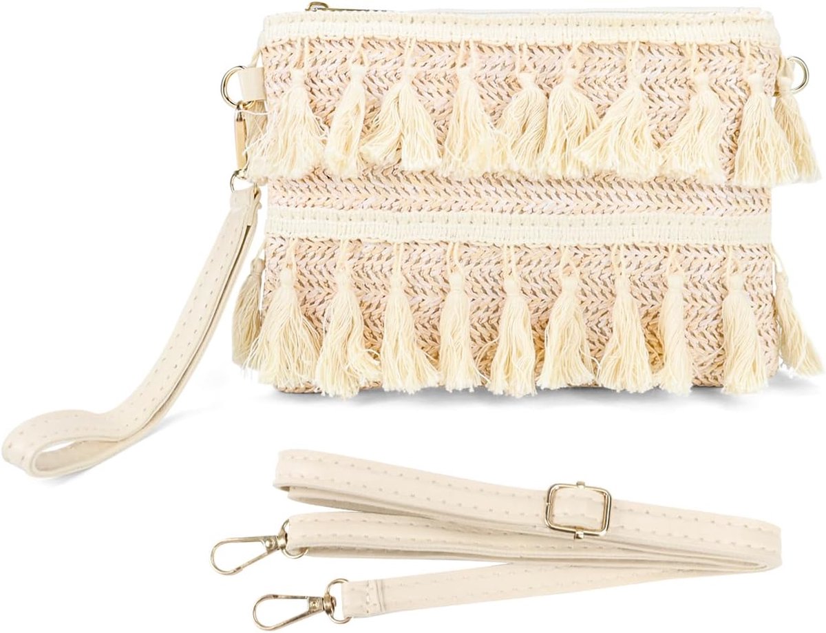 Stro-clutch, bohemian, kleine strotas voor dames, zomer, strand, crossbody tas, kwastjes, zomertas, geweven, vakantie - ShopVlot