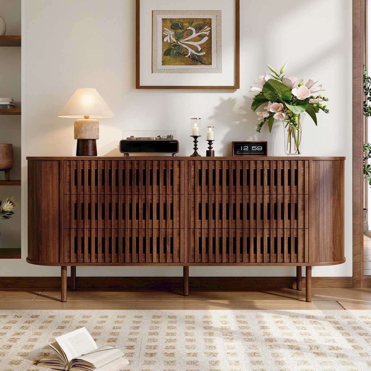 DESMIU Dressoir - Modern Lamellenfront Met 6 Lades - Opbergkast Voor Woonkamer En Hal - MDF En Metalen Poten - 160x40x70 Cm - Walnootkleur